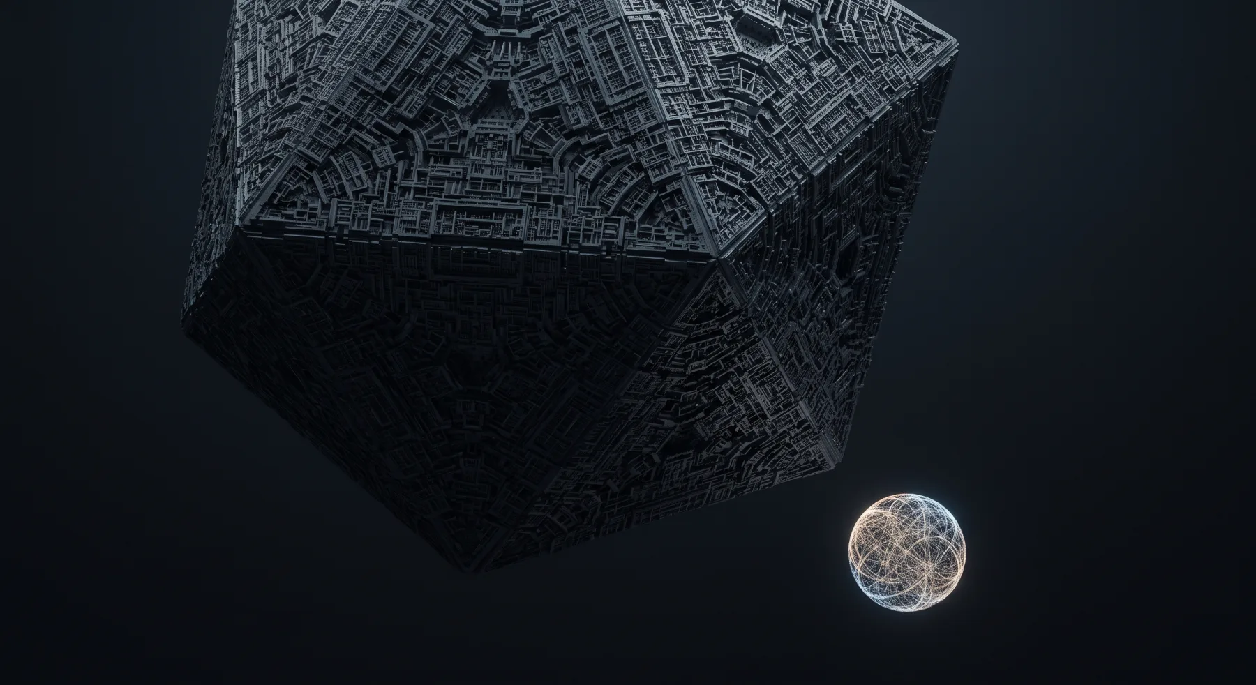 A large complex system looming over a smaller sphere